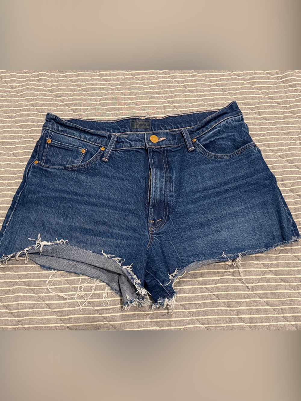 MOTHER Dark Blue Denim Cutoff Shorts with Frayed Hem